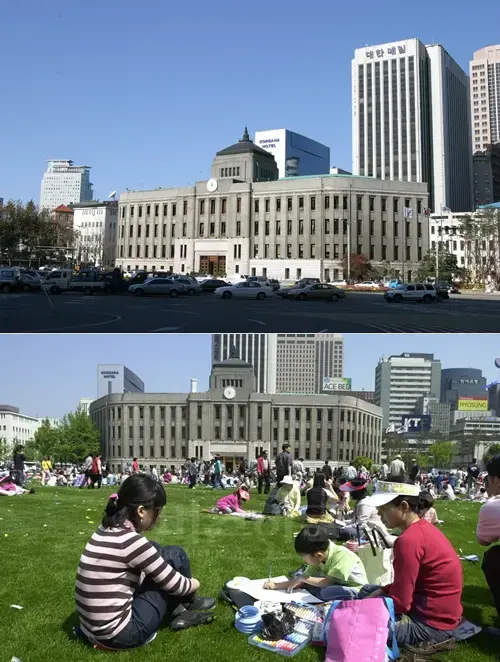 서울시청 앞은 자동차들이 다니던 도로(위)에서 시민들이 쉴 수 있는 광장으로 탈바꿈했다. 사진=한나라당 제공