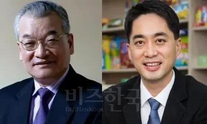 해태제과식품 윤영달 회장(왼쪽)과 사위 신정훈 사장. 사진=해태제과식품 제공