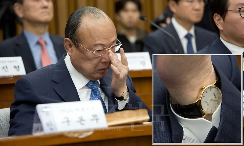 김승연 한화그룹 회장과 그가 청문회에 차고 나온 롤렉스(Rolex) 첼리니 타임(Cellini Time·오른쪽 박스). 사진=사진공동취재단