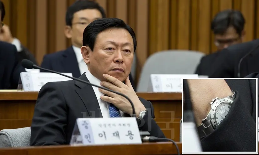 신동빈 롯데그룹 회장과 그가 청문회에 차고 나온 롤렉스(Rolex) 익스플로러2(Explorer2) (오른쪽 박스). 사진=사진공동취재단