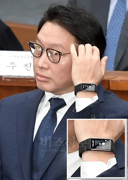 최태원 SK그룹 회장과 그가 청문회에 차고 나온 폴라(POLAR)사의 피트니스 트래커 A360(오른쪽 박스). 사진=사진공동취재단