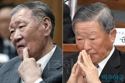 정몽구 현대차그룹 회장(왼쪽)과 구본무 LG그룹 회장. 사진=사진공동취재단