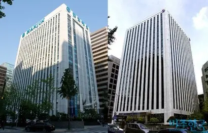 여의도 한진해운 건물(왼쪽)과 서소문로 대한항공 건물.  사진=비즈한국DB