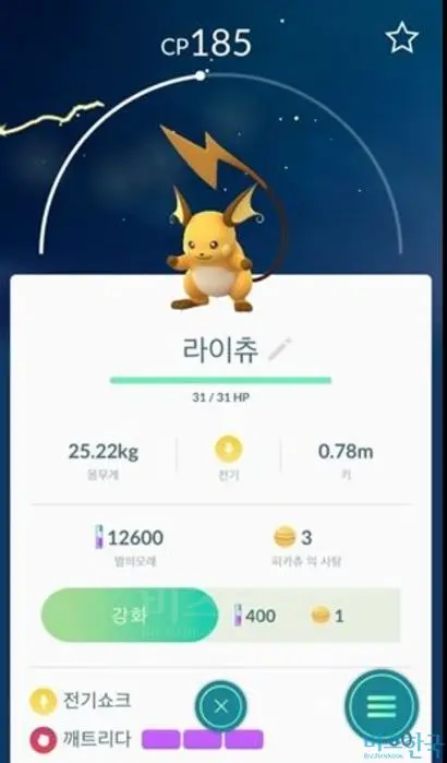 구 아무개 씨가 현금 결제를 하면서 잡은 라이츄의 모습.