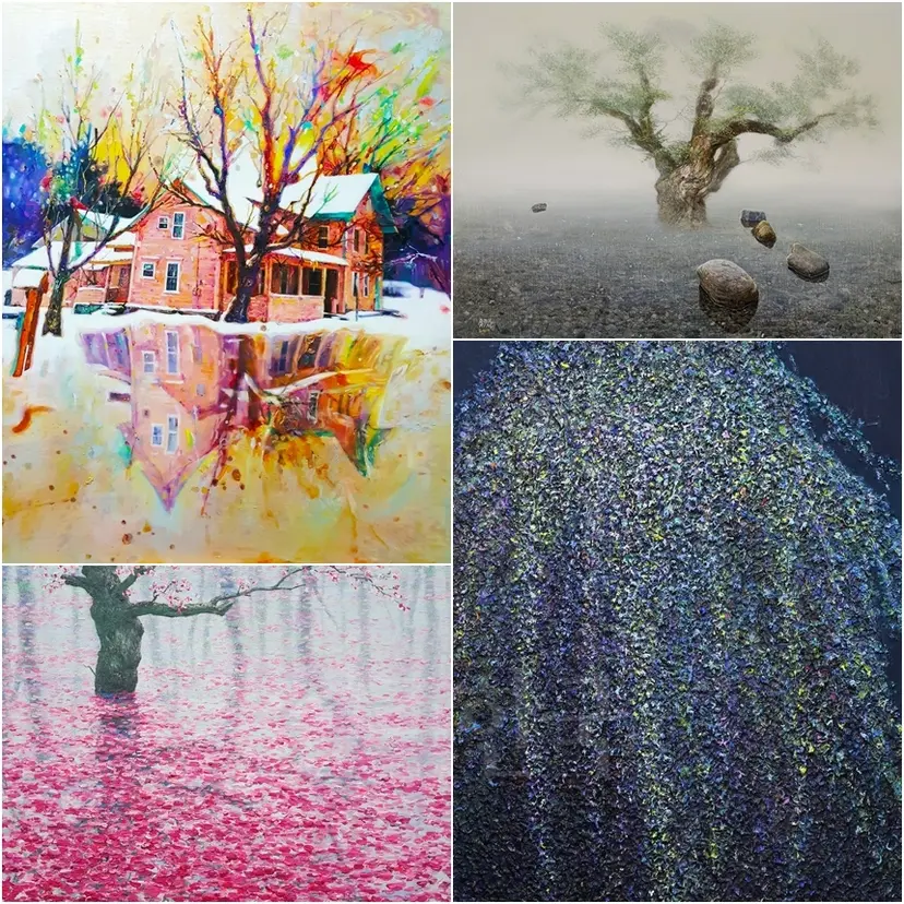 왼쪽 위부터 시계 방향으로. 고선경: Spring 38x45.5cm 캔버스에 유채 2015, 김경렬: 봄의 교향악60.6x50cm 캔버스에 유채 2017, 장태묵: 木印千江-천 개의 강에 나무를 새기다(꽃이 피다) 80x50cm 캔버스에 아크릴 2017, 김진숙: On the wind V 53x72.7cm 캔버스에 혼합재료 2017.