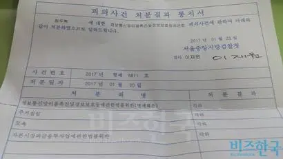 최우혁 씨가 받은 처분 통지결과서. 이 씨가 제기한 소송은 모두 각하됐다.