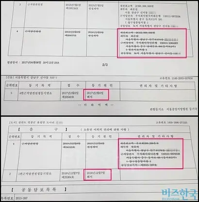 구속 수감 중인 최순실 씨가 소유 부동산을 담보로 대출받은 돈을 갚았다. 최순실 씨 소유 신사동 미승빌딩 부동산등기부(위)와 평창 목장용지 부동산등기부.