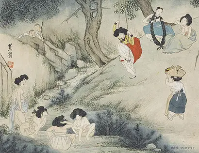 신윤복의 ‘단오풍정’에는 창포 물로 머리를 감는 여인네들이 나온다. 자료=간송미술문화재단
