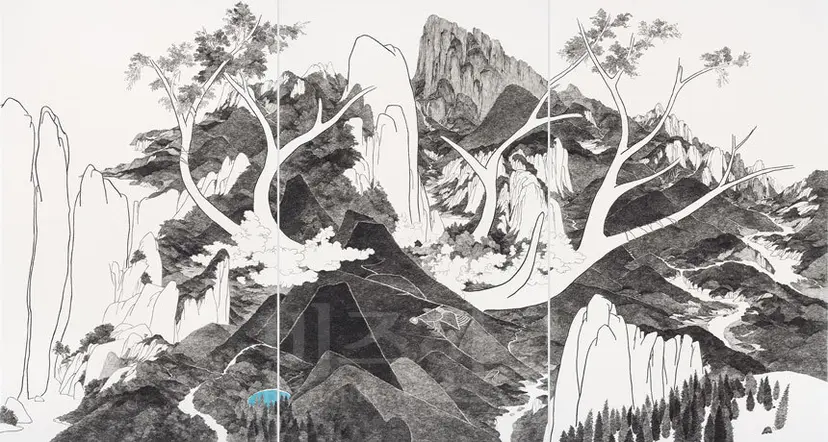 사슴숲 1603: 181x339cm, 장지, 방해말(돌가루), 목탄, 2016년