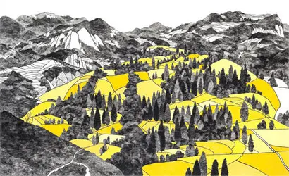 풍경 너머로 15-03: 200x122cm, 장지, 방해말(돌가루), 목탄, 2015년