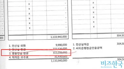 IDS홀딩스 현금시재표 일부. ‘변웅전님 현금 3억 1500만 원’​이라고 명시돼 있다. 사진=IDS홀딩스 피해자모임·약탈경제반대행동 제공