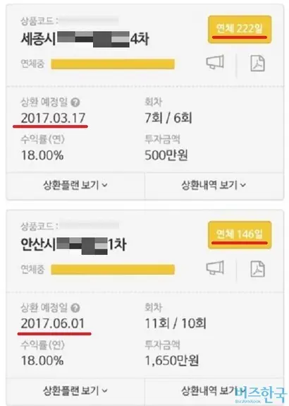 직장인 A 씨가 투자한 상품 일부. 모두 부동산PF 상품으로, 상환일이 한참 지났지만 여전히 연체 중이다.