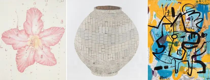 고은주 생명의 시론_사막장미시리즈5: 65x79cm 견본채색 2013, 김보영 달을 담다Ⅰ: 145x145cm 한지에 천연염색, 백토 2014, 하정현 draw without drawing 79: 50x65cm acrylic color, oil bar, oil pastel, conte and pencil on canvas 2016(왼쪽부터).