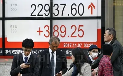 지난 7일 일본 도쿄의 니케이225지수가 389.25포인트(1.73%) 오른 22937로 25년 만에 최고치를 기록했다. 사진=EPA/연합뉴스