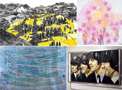 박영학 풍경 너머로 15-03: 200x122cm 장지, 방해말(돌가루), 목탄 2015, 위성웅 판타지의 유희를 꿈꾸다-하루: 80x80cm 유리구슬, 혼합재료 2017, 정운식 I will: 136x10x80cm Aluminum, graffiti paint 2016, 이영균 Relation: 193.9x130.3cm Acrylic on Korean paper, cotton yarn, old book 2017(왼쪽 위부터 시계 방향).