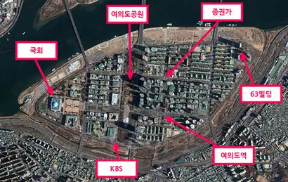 암호화폐 열풍으로 정치권의 ‘서여의도’, 증권가의 ‘동여의도’가 각기 분주하다. 사진=구글어스 캡처