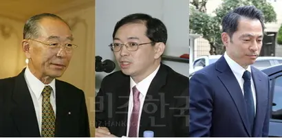 왼쪽부터 강신호 동아쏘시오그룹 명예회장, 차남 강문석 전 동아제약 사장, 강정석 회장. 사진=비즈한국 DB·연합뉴스