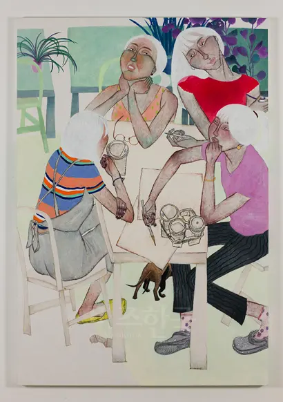 닥스의 하루lll - 뜨거운 것이 좋아: 89.5x131cm 장지에 백토, 채색 2017
