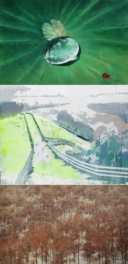 이영수_Natural Image: 90.9x60.6cm Oil on canvas 2016, 정성윤_종설(終雪): 116.8x91.0cm Acrylic and oil on paper 2017, 윤인자_겨울산: 116.8x72.7cm Oil on canvas 2017(위부터).