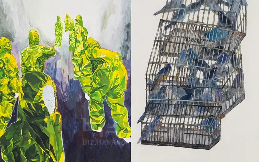 김지훈_어디로: 130x162cm 장지에 먹과 채색 2015, 오수지1_날지 않는 새 lll_91x116.8cm 장지 위에 백토, 채색 2016(왼쪽부터).