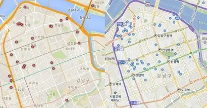 동록된 외국인관광 도시민박업체가 표시된 지도가 왼쪽이고, 오른쪽은 인터넷 검색으로 나오는 게스트하우스들이다. 강남구에 등록된 외국인관광 도시민박업체는 68곳이지만, 인터넷에 홍보 중인 게스트하우스는 340여 곳에 달한다. 사진=박현광 기자
