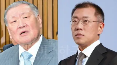 현대자동차그룹 정몽구 회장(왼쪽)과 정의선 부회장 부자. 사진=비즈한국DB·현대자동차