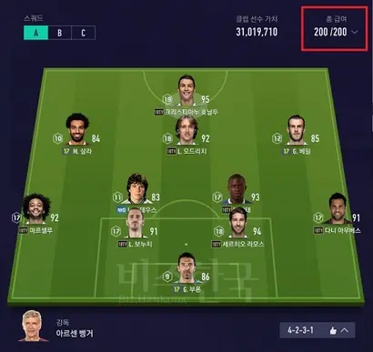 급여를 200으로 맞추기 위해서는 결국 성능이 낮은 일부 선수를 어쩔 수 없이 선발해야 한다. 사진=피파온라인4  캡처