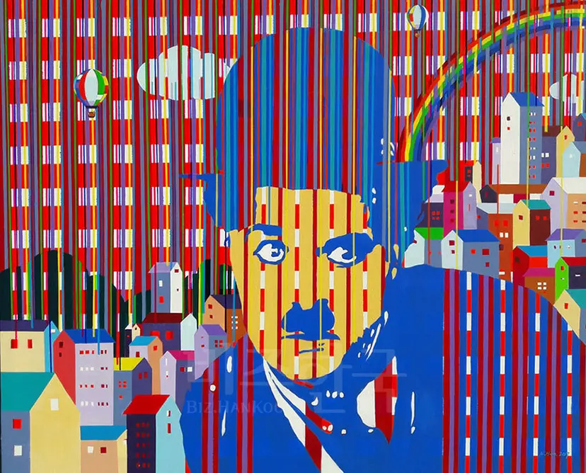 Between-city of Charles Chaplin: 162.2cmx130.3cm Acrylic on canvas 2017