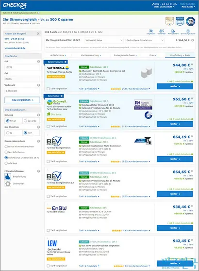 독일은 전기공급 회사가 많아 개인이 직접 회사를 정해야 한다. 전기료 비교 사이트에서는 가구당 인원수를 입력하면 전기 회사별 연간 전기료를 비교해볼 수 있다. 사진=체크24 웹사이트 캡처