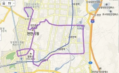 천안의 1번 시내버스 한 바퀴 운행 코스. 주어진 1시간 20분 내에 운행을 마쳐야 하지만, 러시아워에는 도저히 시간을 맞출 수 없다는 것이 버스 기사들의 주장이다. 사진=카카오맵 캡처