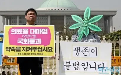 시행령안이 나온 이후 의료용 대마 합법화 운동본부를 비롯한 환자들은 반발하는 모양새다. 사진은 지난 4월 의료용 대마 합법화 운동본부 회원이 의료용 대마법의 국회 통과를 촉구하는 모습. 사진=고성준 기자