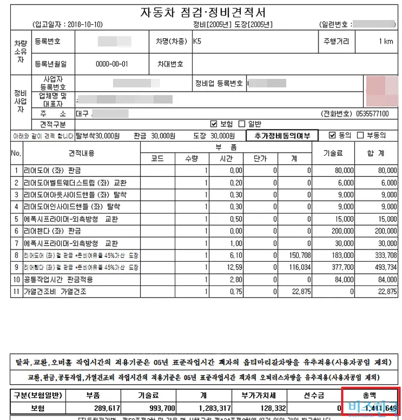 대구의 한 차량 정비 업체가 낸 견적서. 정비 업체는 141만 원의 견적을 냈지만, 보험사는 손해 사정을 통해 59만 원만 인정했다. 이때 사전에 자기부담금을 정비소에 낸 피보험자는 돈을 더 낸 꼴이다. 사진=박 씨 제공