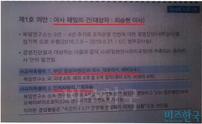 ‘비즈한국’​이 입수한 목암연구재단 이사회 회의록 일부. 목암연구재단은 최승현 전 소장에게 해임 사유를 통보하지 않았지만, 이사회 안건을 봤을 때 무단 겸업과 인적 자원의 사적유용이 그에 해당한다.