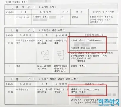 박소연 대표 개인 명의로 매입한 충북 충주시 토지의 부동산등기부.