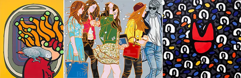 최나리_Two tickets, please-Mato's ticket2: 91x73cm Acrylic&oil on canvas 2018, 조강남_Wind of Seoul: 162.0x130.3cm Acrylic on canvas 2017, 지히_관심: 73x73cm Oil pastel on panel 2017(왼쪽부터).