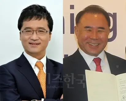 박현종 bhc 회장(왼쪽)과 윤홍근 BBQ 회장. 2013년 매각 당시 박 회장이 bhc 전문경영인으로 가면서 윤 회장이 격노한 것으로 알려졌지만 사실 로하틴 그룹의 요청으로 윤 회장이 박 회장을 보낸 것이라고 한다. 사진=bhc·제너시스비비큐 제공