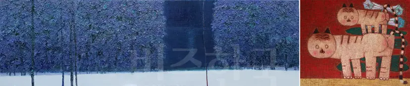 주미향_숲 이야기: 91.0x27.0cm 혼합재료 2018, 금영보_대길오오: 90x72.7cm Oil on canvas 2018(왼쪽부터).