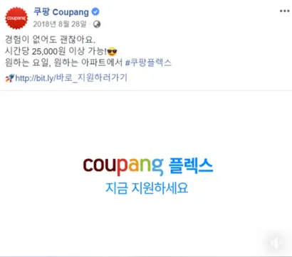 지난해 8월 쿠팡이 SNS에 게시한 쿠팡 플렉스 광고. 사진=쿠팡 페이스북 페이지
