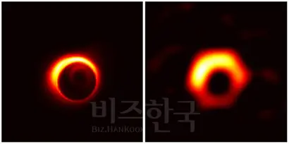 EHT가 관측한 M87 은하 중심의 초거대질량 블랙홀의 모습을 구현한 시뮬레이션 결과. 곧 공개될 블랙홀 괴물의 첫 용안은 이 모습에 가까울 것이다. 이미지=Jason Dexter(왼쪽), Kazunori Akiyama(오른쪽)