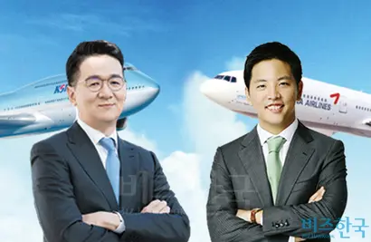 조원태 대한항공 대표이사 사장(왼쪽)과 박세창 아시아나IDT 대표이사 사장은 자의 반 타의 반 그룹의 경영 전면에 나서야 할 시기를 맞았다. 두 대표의 삶은 여러모로 닮았다. 그래픽=김상연 기자