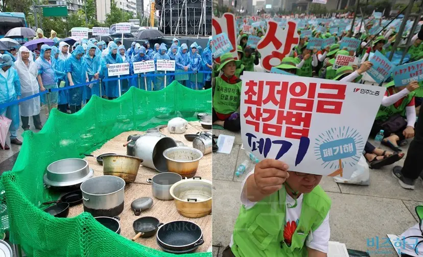 때는 재작년과 작년 여름. 최저임금으로 논란이 많던 시기로 자영업자들과 임금근로자들이 감정의 날을 서로 세우던 때 눈에 들어왔던 사람들은 따로 있었다. 바로 최저임금 상승을 지지하는 사업가들이었다. 지난여름 최저임금 인상 중단(왼쪽)과 최저임금 삭감법 폐기(오른쪽) 시위 모습. 사진=임준선·박은숙 기자