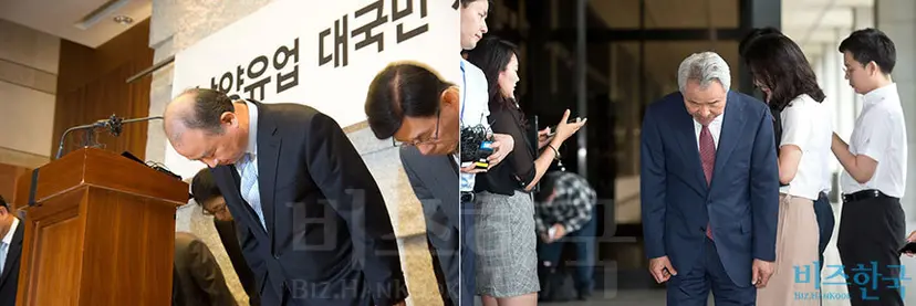 2000년대 후반, 프랜차이즈 본사와 대리점·가맹점의 분쟁이 사회적 이슈가 되면서 가맹 시스템을 부정적으로 보는 시각이 등장했다. 대표적인 갑질 사례로 꼽히는 남양유업(왼쪽)과 정우현 전 MP그룹(미스터피자) 회장이 사과하는 모습. 사진=이종현·임준선 기자
