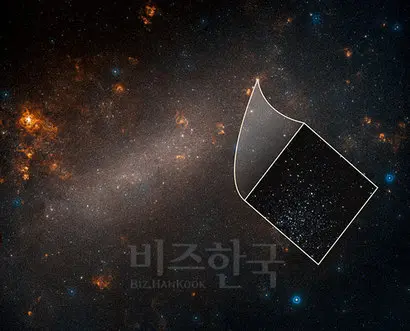 여러 세페이드형 변광성을 품고 있는 대마젤란 은하의 모습. 이번에 허블 우주 망원경으로 관측한 일부분의 모습이 함께 보인다. 이번에 새롭게 구한 우주 팽창률이 잘못 계산되었을 확률은 10만분의 1에 불과할 정도로 아주 정확하게 측정되었다. 즉 이번 관측이 잘못되었을 확률은 아주 적다. 자료=NASA, ESA, A. Riess (STScI/JHU), and Palomar Digitized Sky Survey