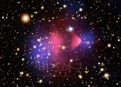 은하단 두 개가 서로 충돌하고 있는 총알 은하단(Bullet Cluster). 붉게 표현된 것이 전파로 관측한 가스 물질의 분포이고 푸른색으로 표현된 것이 중력 렌즈로 추정한 중력(질량)의 분포다. 가스 물질과 중력의 분포가 어긋나 있는 것을 확연하게 볼 수 있다. 사진=X-ray: NASA/CXC/CfA/M.Markevitch et al.; Lensing Map: NASA/STScI; ESO WFI; Magellan/U.Arizona/ D.Clowe et al.; Optical: NASA/STScI; Magellan/U.Arizona/D.Clowe et al.