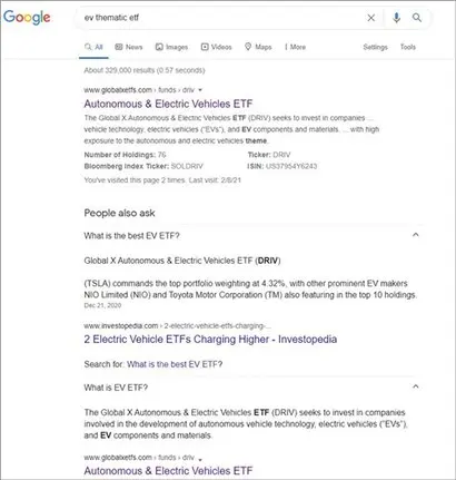 구글 검색창에 EV thematic ETF를 치면 가장 먼저 DRIV ETF가 나온다. 또 What is the best EV ETF?(어떤 전기차 ETF가 가장 좋은가?)란 질문의 답변도 DRIV ETF다.