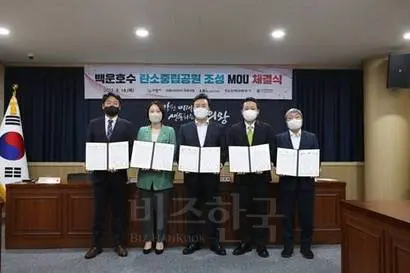 LS일렉트릭은 지난 8월 의왕시 등 4개 기관과 함께 온실가스 감축에 기여하기 위해 의왕시 백운호수 공원 내에 마이크로그리드 기술을 기반으로 하는 ‘탄소중립’ 공원을 조성키로 하는 업무협약(MOU)을 체결했다. 사진=LS그룹 제공