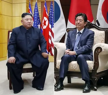 전례를 찾기 힘들 정도의 한일 양국 간 경제·외교적 대치와 갈등 상황 속에 북한의 행보도 주목받는다. 지난 6월 30일 판문점 북미회담 때 김정은 북한 국무위원장(왼쪽)과 지난해 9월 뉴욕 한일정상회담 때 아베 신조 일본 총리. 사진=연합뉴스‧청와대