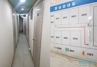 노숙인 희망원룸 2층 복도(왼쪽)와 3층 피난안내도. 사진=차형조 기자