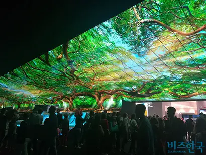 LG전시장 초입에 설치된 올레드 폭포는 관람객들에게 강렬한 이미지와 더불어 환상적인 경험을 제공하기에 충분했다. 사진=박진영 제공