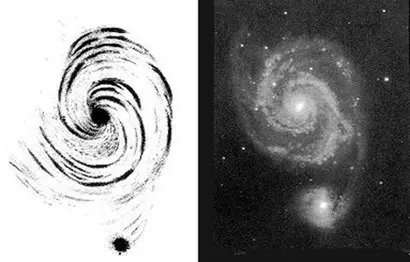 M51 소용돌이 은하의 모습을 과거 천문학자들이 그림으로 기록한 모습. 당시 천문학자들은 이런 독특한 소용돌이치는 모습을 한 은하들이 우리 은하 안에 포함되어 있는 작은 가스 구름인지, 우리 은하 바깥에 떨어진 독립된 개별 천체인지를 두고 긴 논쟁을 펼쳤다. 사진=William Parsons, Observations on the Nebulae, Philosophical Transactions of the Royal Society, 140, 499-514(1850)